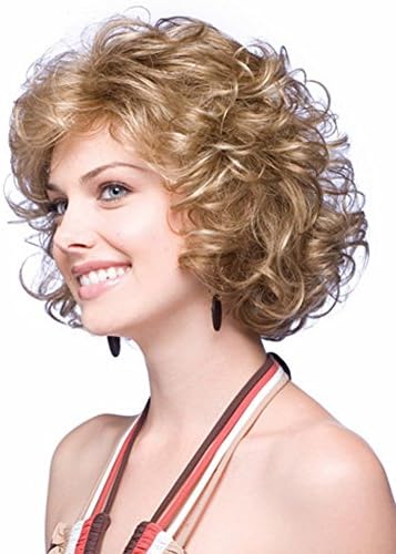 MIKWIG Natural Small Curly Middle Length Blonde Synthetic Hair Wig for Women + Wig Cap