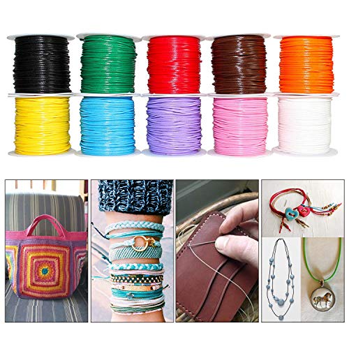 Curtzy Pack 10 Cordones de Algodón Encerado - Rollos de 10m Cordón de 1mm Encerado para Collares, Macrame, Cordel de Brazalete, Brazalete Shamballa - Cuerda para Hacer Manualidades - Suministro Decoración de Bodas