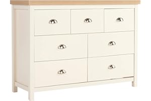 Home Source Wide Chest of Drawers Clothing Storage Unit, 7 Drawers, Cream, Sonoma Oak Effect