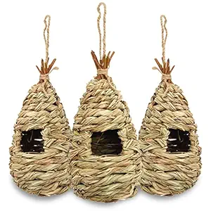 Hummingbird Bird House,Natural Fiber Grass Bird House Set of 3,Hand Woven Hummingbird Hut,Hanging Birdhouse for Outdoors,Teardrop Shaped Birds Nest,Small Bird Nest for Audubon Finch Canary Chickadee