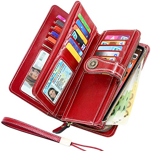 Faneam Carteras Piel Mujer RFID Carteras Mujer con Cremallera Bolsillo & 26 Ranuras para Tarjetas, Billeteras Mujer Grand con Muchos Bolsillos, Carteras Largo Mujer XXL con Caja de Regalo (Rojo02)