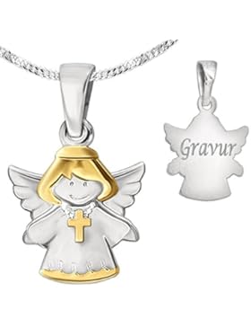 CLEVER SCHMUCK-GRAVUR-SET Silberner Anhänger Kinderengel bicolor mit Kreuz glänzend teilvergoldet mit Kette und...