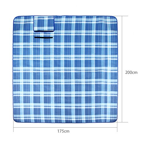 INTEY Picknickdecke 200 x 175 cm mit Weicher Fleece Oberseite und Wasserabweisender Unterseite, Riesengroße Campingdecke mit Handgriff, Blau/ Weiß - 2