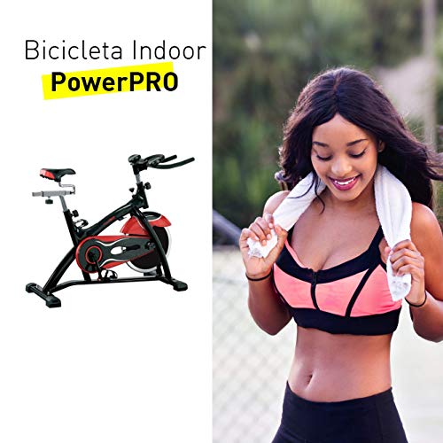 CloverFitness PowerPRO Bicicleta Estática Indoor con Volante de 21Kg. Diseño vanguardista. Ideal para integrar en decoración, Adultos Unisex, Negra y roja, M-L