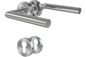 DIYGEEK Maniglie Porte Interne - Acciaio Inox Satinato con Cilindro PZ e Rosetta Ø52 mm, Forma di L, Argento Finitura Spazzolata