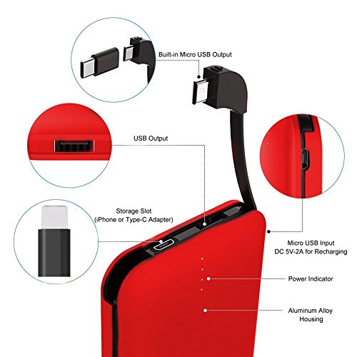Moxnice Batterie Externe 10000mAh Power Bank Petit Chargeur Portable Rapide et Portable de Batterie avec Micro USB C  ble Int  gr   pour iPhone Android Samsung Galaxie Huawei iPad Tablette  rouge 