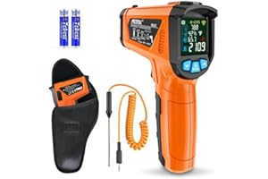 Termometro a Infrarossi MESTEK Digitale Laser Pirometro -50 °C~800 °C con K-Probe Senza Contatto LCD a Colori Regolabile Emissività Allarme Misuratore Temperatura Umidità per Forno Pizza Cucina ﻿