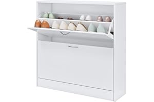 FirFurd Szafka na buty, wąska, biała, uchylna szafka na buty z 2 składanymi szufladami, regał na buty, oszczędność miejsca na 8-16 par, wąska uchylna szafka na buty do korytarza, wejścia, szafka na