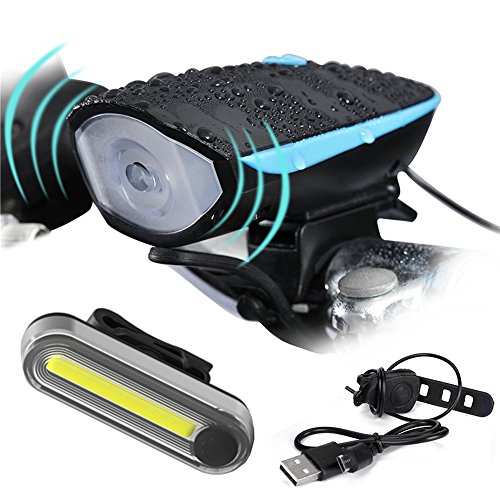 LIVEHITOP Wiederaufladbar LED Fahrradlampensets, Fahrrad Scheinwerfer Rücklicht Kombinationen 3 in 1 Nachladbare Fahrrad Licht Set (1 Scheinwerfer mit 120 DB Laut Hupe, 1 Rücklicht mit Clip, 2 USB-Kabel)
