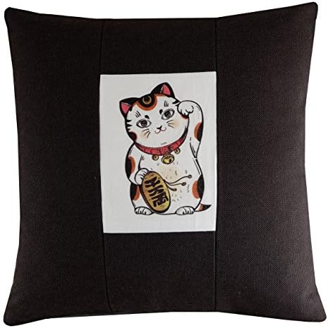Fortune Cat Cushion Cover 16x16", Grey Decorative Pillow, Handmade UK