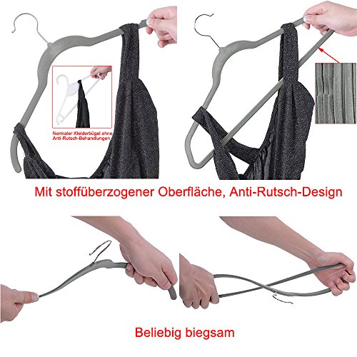 Songmics 20 Stück Samt Anzugbügel Kleiderbügel mit rutschfeste Oberfläche dünn, Grau CRF10G - 3