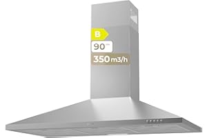 EVVO Campana Extractora CE25 Pyramid, Ancho 90 cm, Inox, 350 m³/h, 3 Velocidades, Luz LED, Filtro Carbón Activo, Acabado Inox, Eficiencia Energetica B