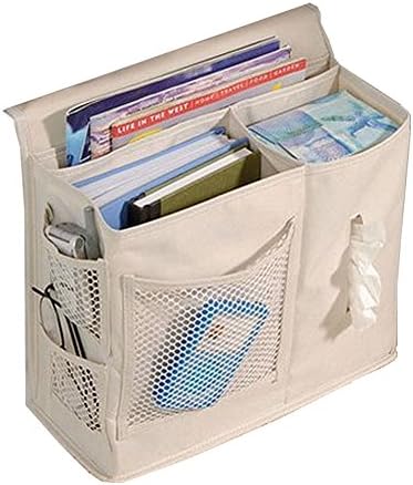 Oxford Fabric 6 Pocket Bed Organizer Hanging Bag Phone Holder Storage Bag Hang Sundries Magazines Phone Tissue Holder Organizer Bedside Storage Remote Control Pocket Organiser TV Remote Control Organizer Holder Bedside Or Over Sofa Arm Storage (Cream)