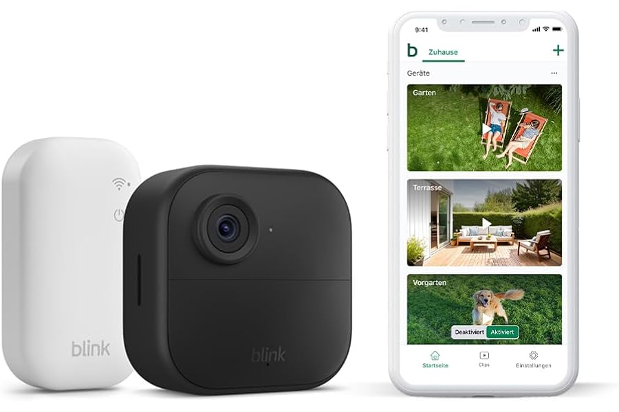 Blink-Kamera Outdoor 4 | Kabellose intelligente HD-Sicherheitskamera, zwei Jahre Batterielaufzeit, funktioniert mit Alexa | 1-Kamera-System mit enthaltenem Sync Module Core | IP65