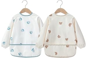 COTTONBEBE Baby Lätzchen mit Ärmeln, Wasserdicht Ärmellätzchen für Mädchen und Junge, Fütterungs Lätzchen Baby mit Lange-Ärmeln, Weich Babylätzchen für Baby Essen, 2 Set (6-36 Monaten)