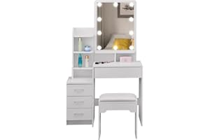 ‎OFCASA OFCASA Schminktisch mit Hollywood LED Lichter Spiegel und Hocker 4 Schubladen Regale Weiß Schminktisch Einstellbar LED Lichter Schminktisch für Schlafzimmer 90 x 40 x 145cm