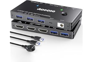 AOOCOO Commutateur KVM HDMI 2.1 8K à 60 Hz, commutateur KVM pour 2 PC et 1 écran avec port USB 3.0, télécommande filaire, câble USB 3.0 inclus