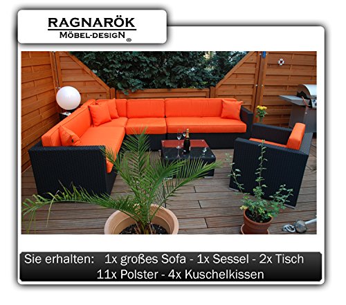 PolyRattan Lounge DEUTSCHE MARKE -- EIGNENE PRODUKTION 7 Jahre GARANTIE Garten Möbel incl. Glas und Polster Ragnarök-Möbeldesign (schwarz) Gartenmöbel