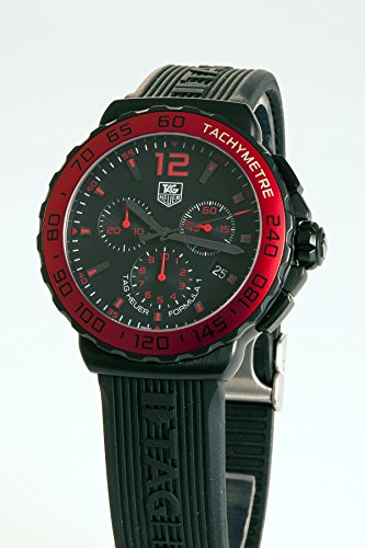 Tag Heuer Formula 1 Chronograph Red Bezel Men's Quartz Watch with Black Dial Chronograph Display and Black Rubber Strap CAU1117.FT6024