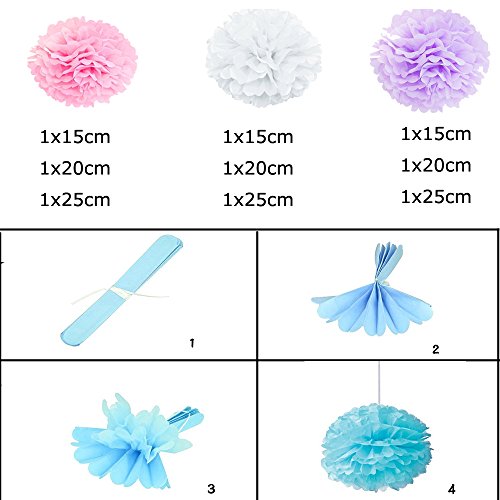 Freedom-vp Papier Pompom 9er 15cm/20cm/25cm Mixed DIY Papier Blumen PomPoms Zum Aufhängen Seidenpapier schöne Dekor für Geburtstag Hochzeitsfest Basteln Babyshower Dekoration Feier Party Baby-Duschen Brautduschen Wohnungdeko (Weiß-Pink-Hell Violett) - 4