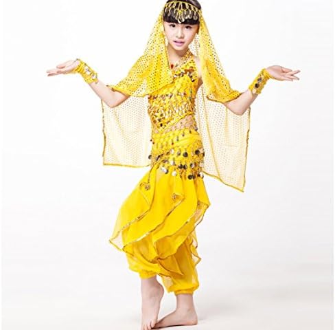 WUDAOFU Belly Dance Outfits Children's Performance Chiffon/Sequined Beading/Coins/Sequins 5 Pieces Fuchsia/Gold/Red/turquoise Kids Dance Costumes , m