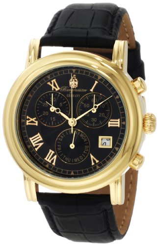Burgmeister Chronos Bm124-222 Unisex Chronograph Automatic Analogue Wristwatch Black Leather Strap Gold Dial Day Date