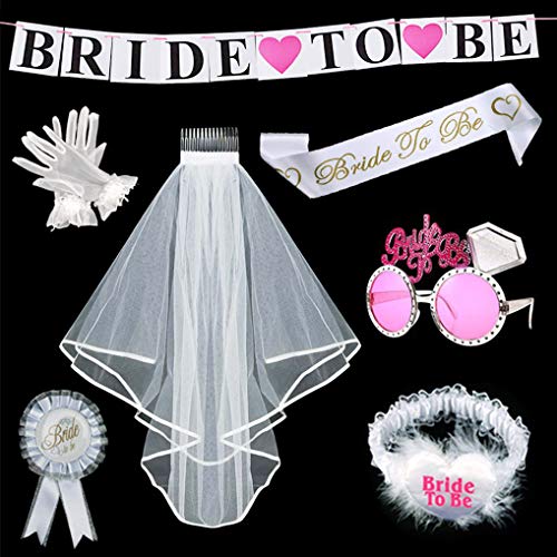 Yidaxing 38PZ Bride to be Kit Addio al Nubilato Gadget,Velo da Sposa Satin Sash Giarrettiera Spilla Rosette Velo Occhiali Rosa Guanti Bianco Tatuaggi Temporanei per Addio al Nubilato Hen Feste Notte