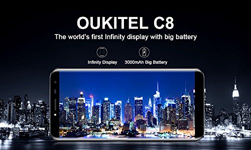 OUKITEL C8 - 3G Smartphone ohne Vertrag (5.5 Zoll, 18:9 Infinity Display, Android 7.0, MTK6580A Quad Core 1.3GHz, 2G RAM 16G ROM, Dual Kameras 13MP+5MP, WIFI, dual Blitzlichter, Fingerabdruk (schwarz)