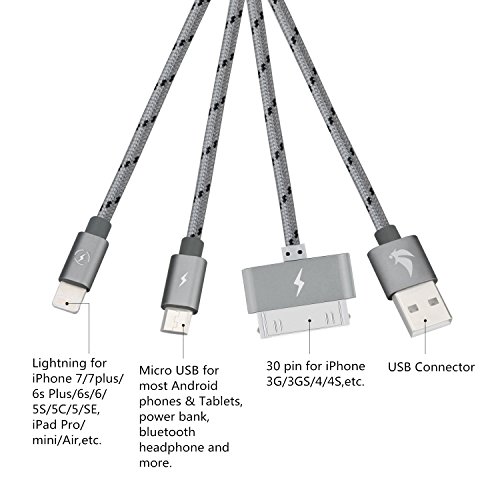 EliteSoft Ladekabel Micro-USB High Speed  4.9ft 3 in 1. Apple iPhone 6 5 4 und Android Smartphones Tablets, Lightning mit Datenübertragung Aluminium 2 Kabel - 2