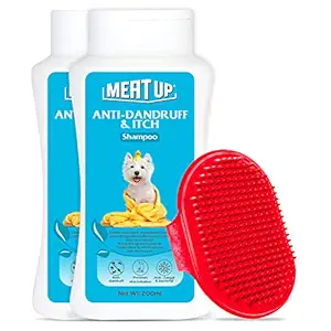 Meat Up Combo of Anti-Dandruff and Itch Shampoo for Dogs (Buy 1 Get 1 Free) with 1 Free Bathing and Grooming Hand Brush