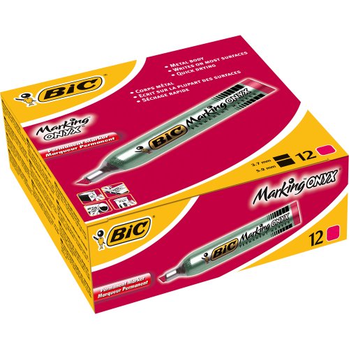 spécifications Bic Onyx marker 8418281 Marqueur permanent Pointe biseau Corps métal grande contenance Rouge Lot de 12