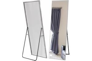 Marctani Espejo de Pie Cuerpo Entero - Espejo Grande y Largo Esquinas Cuadradas - con Soporte Trasero - Montaje Pared y Apoyado - Marco de Metal para Dormitorio, Baño o Salon (Plateado 140x40)