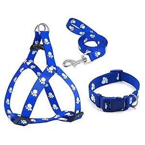 Woofy Nylon 15 MM Adjustable Paw Print Puppy Harness Leash Collar Set Combo Offer of Small Dog Harness + Leash + Collar Set (Blue Color)