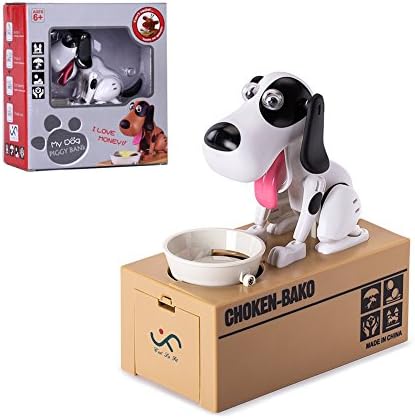 Coin Bank - Dog Piggy Bank Coin Munching Toy Money Box - Puppy Hungry Dog Saving Money Box - Best Birthday Gift for Boys and Girls (White)