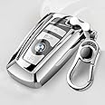 Tpu Silicone Full Protective Car Key Fob Cover for BMW，3 Buttons Remote Control Smart Key Case with Leather Keychain, Compatible with BMW 1/3/4/5/6/7 Series and X3/X4/M5/M6/GT3/GT5,etc.-Silver