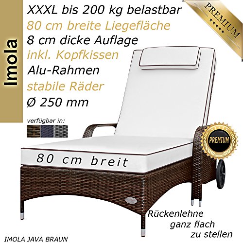 XXL 80 cm breite und 40 cm hohe PREMIUM LIEGE mit 8 cm Auflage mit Kopfkissen (waschbar). Unsere HOCHWERTIGE, EXKLUSIVE, 5 STERNE Liege „Imola“ Sitzhöhe von ca. 40 cm (inkl. 8 cm Auflage) bis ca. 200 kg belastbar, 25 cm große stabile Räder, 10 mm durchgängige Edelstahlsteckachse, bestens für gewerblichen Einsatz geeignet, 5-fach verstellbare Rückenlehne (ganz flach), Material: Polyrattan Aluminiumrahmen Edelstahlschrauben, Sonnenliege aus Poly Rattan, Farbe Java Braun - 2