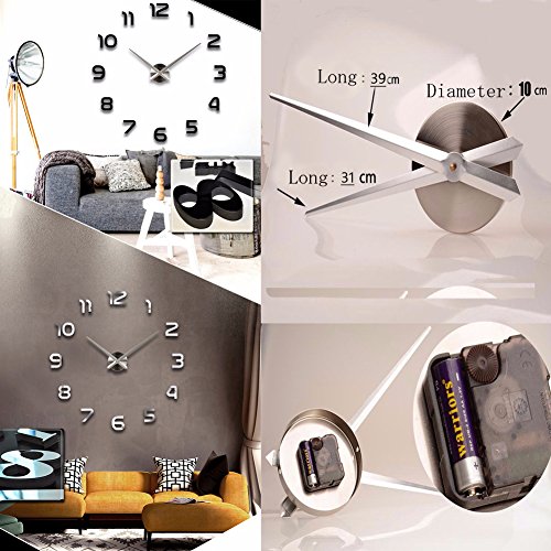 DIY Wanduhr Moderne Clock 3D Acryl Spiegel Metall Rahmenlose Wandaufkleber groß Uhren Style Raum Home Dekorationen Tolles Geschenk (Silber) - 5