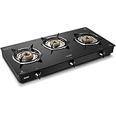 Glen Toughened Glass Top PNG Gas Stove 3 Burner 70 cm | Brass Burners | Black | ISI Certified | 360 Revolving Inlet Nozzle |
