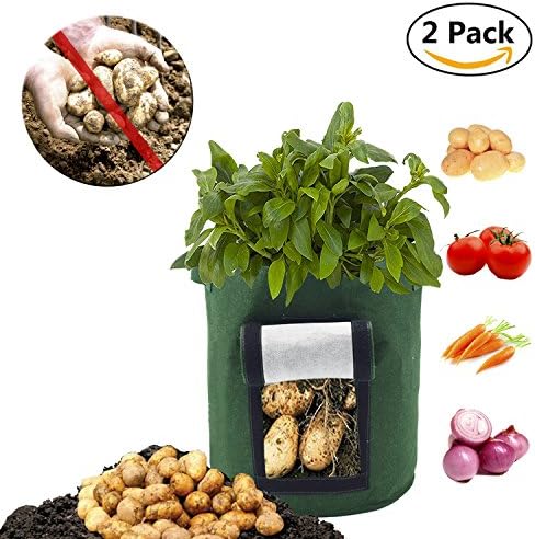 Potato Grow Bag, 2-Pack Potato Planter Bag, 10-Gallon Velcro Window Vegetable Grow Bag, Double Layer Premium Breathable Nonwoven Cloth with Strap Handles for Potato/Carrot and More (Green)
