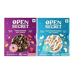 Open Secret Multi Flavor Tiffin Snacks- Healthy Choco Almond (4) + White Choco Cashew (3) Cookies with Nuts |No Added Maida, Family & Back to School Snacks Biscuit | 7 Boxes (2 Cookies per Box)