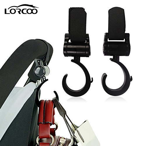 Lorcoo Black Baby Stroller Hook and Hanger, Universal Stroller Hook for Pram Pushchair Bicycle Wheelchair Shopping Trolley and More, 2 Packs