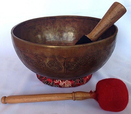 9.5" Asthamangala symbol and Inside Meditating Buddha Carved Singing Bowl, Etching Tibetan Art Singing Bowl With Drum Stick Cushions and Mallet, Bowls from tibet