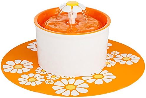 Pet Flower Fountain,Automatic Electric Super Silent Water Pump with Filter and Silicone Mat for Dogs and Cats Birds Parrots,1.6L/54Oz with 3 Carbon Filters,1 Mat,Orange