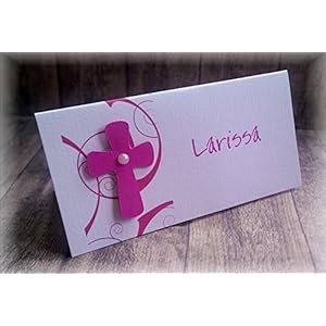 Tischkarte Namenskarte Kommunion Konfirmation Firmung Taufe Kreuz pink fuchsia