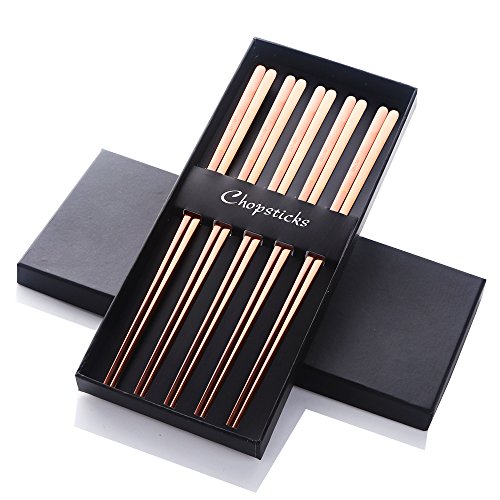 Buyer Star 5 Paires Chopsticks coréennes Or Rose Acier Métal Baguettes réutilisables Longueur 9" Acier Inoxydable 304 18/10