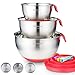 Produktbild SveBake Rührschüssel Set - Edelstahl Schüsselset Mit Griffen, Ausguss, Reibe-Scheiben, Anti-Rutsch-Boden, Deckeln, Reibe-Scheiben und Messlöffel Set, 3-Teiliges Set, Rot