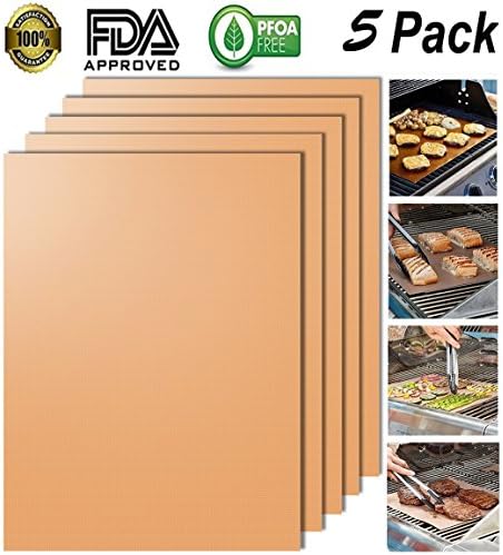 BBQ Grill Mats Set of 5, KOLARK FDA-Approved 100% Non-stick BBQ Grill &amp; Baking Mats-Works on Gas Charcoal, Electric Grill and More - 15.75 x 13 Inch (Copper)