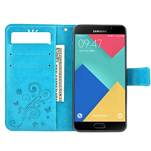 Galaxy A5 (2016) Hülle, Fraelc® Handyhülle Samsung Galaxy A510F 2016 Lederhülle Flip Tasche mit Kartenfächer und Standfunktion Schmetterling Blau Muster Schutzhülle mit 1x Displayfolie + 1x Eingabestift - 2