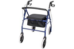 HOBBYZOO 4 Wheel Walker with Padded Seat and Back, Foldable and Height Adjustable Rollator, Iron and Nylon Walker for Seniors and Disabled, Blue and Black