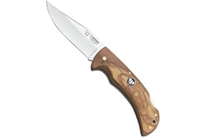 CUDEMAN ALBACETE Navaja Cudeman 326-LF hoja de acero ACX-380 de 9,5 cm y empuñadura de madera de olivo de 11 cm con funda de cuero para Caza, Pesca, Supervivencia y bushcraft + Portabotellas Regalo